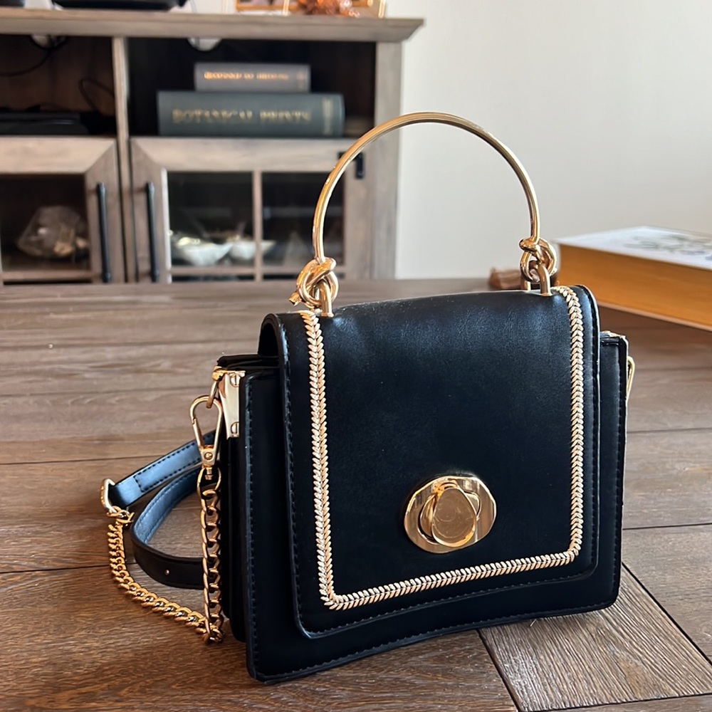 Black and Gold Faux leather small Crossbody Purse